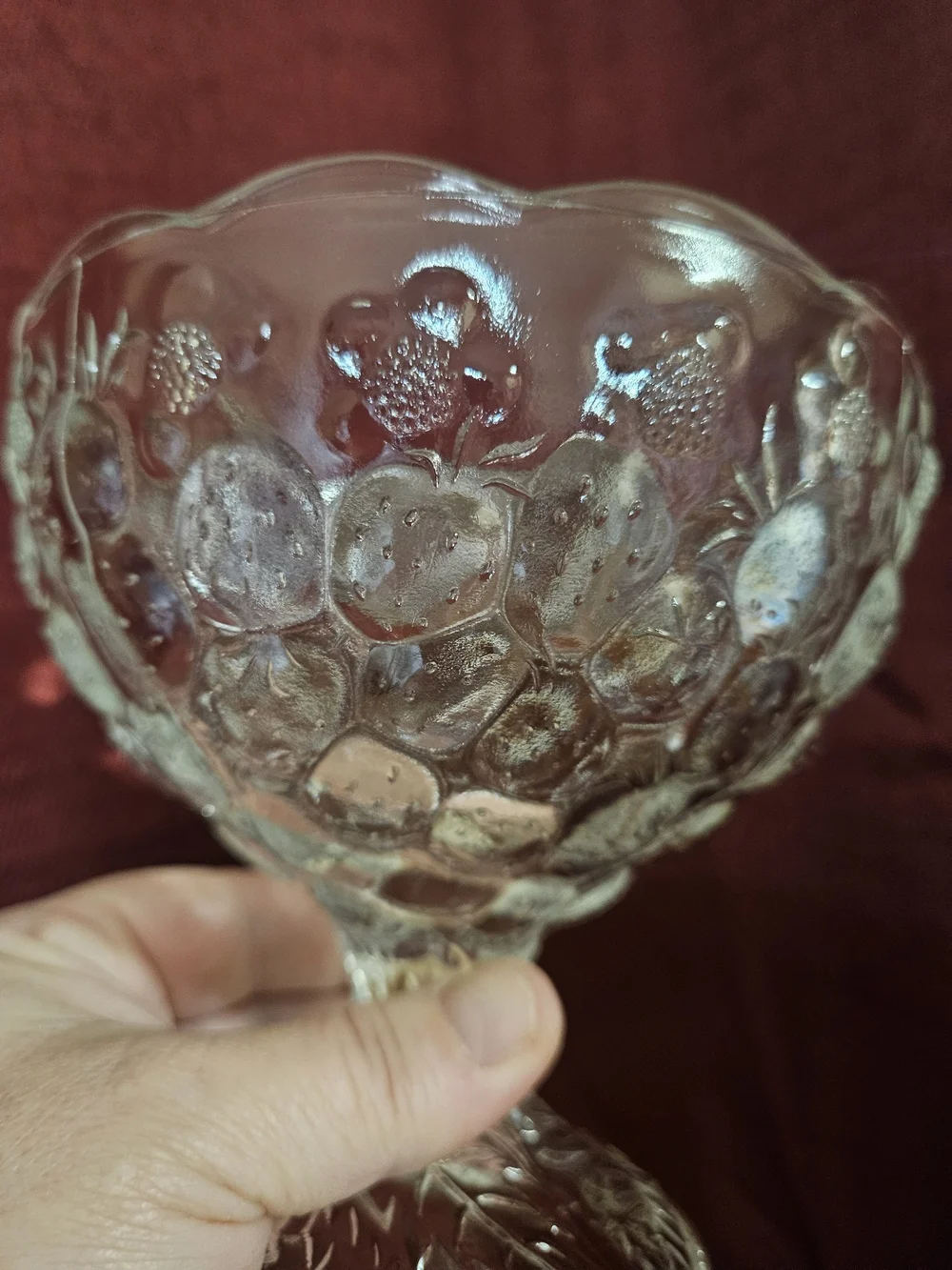 🍓 Strawberry & Floral Pattern Clear Pressed Glass Compote
